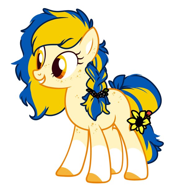 Size: 4096x4014 | Tagged: safe, artist:kiiitssss, derpibooru import, oc, oc:ukraine, ponified, unofficial characters only, earth pony, pony, absurd resolution, braid, coat markings, colored hooves, earth pony oc, female, flower, flower in tail, freckles, full body, grin, hooves, image, jpeg, mare, nation ponies, show accurate, simple background, smiling, socks (coat marking), solo, standing, tail, two toned mane, two toned tail, ukraine, white background
