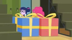 Size: 3410x1920 | Tagged: safe, derpibooru import, screencap, pinkie pie, sci-twi, twilight sparkle, equestria girls, friendship games, duo, duo female, eyes closed, female, glasses, high res, image, jpeg, present