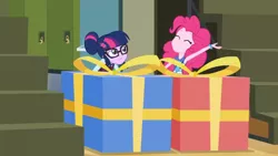 Size: 3410x1920 | Tagged: safe, derpibooru import, screencap, pinkie pie, sci-twi, twilight sparkle, equestria girls, friendship games, cute, diapinkes, duo, duo female, eyes closed, female, glasses, high res, image, jpeg, present, smiling