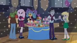 Size: 3410x1920 | Tagged: safe, derpibooru import, screencap, derpy hooves, fleur-de-lis, jet set, pixel pizazz, sandalwood, equestria girls, friendship games, balloon, female, food, high res, image, jpeg, male, muffin, open mouth, open smile, smiling, that pony sure does love muffins
