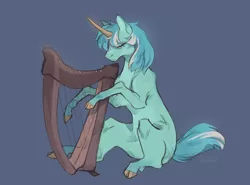 Size: 2647x1962 | Tagged: safe, artist:hazepages, derpibooru import, lyra heartstrings, pony, blue background, harp, image, musical instrument, png, simple background, solo
