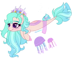 Size: 1024x841 | Tagged: safe, artist:marihht, derpibooru import, oc, unofficial characters only, jellyfish, seapony (g4), adoptable, blue mane, blushing, bubble, crown, dorsal fin, female, fins, fish tail, flowing mane, image, jewelry, png, purple eyes, regalia, seashell, signature, simple background, smiling, solo, swimming, tail, transparent background, underwater