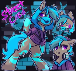 Size: 2367x2209 | Tagged: safe, artist:drawtheuniverse, derpibooru import, oc, unofficial characters only, earth pony, pony, bipedal, clothes, headset, hoodie, image, jpeg, mask, solo