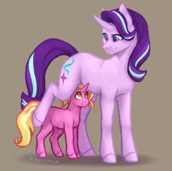 Size: 868x861 | Tagged: safe, artist:kimyowolf, derpibooru import, luster dawn, starlight glimmer, pony, unicorn, female, filly, filly luster dawn, foal, image, mare, png, younger