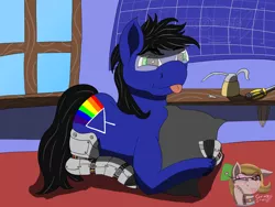 Size: 1600x1200 | Tagged: safe, artist:gray star, derpibooru import, oc, oc:biff, unofficial characters only, cyber pony, cyborg, pony, blueprint, commission, cybernetic legs, hug, image, male, pillow, pillow hug, png, stallion