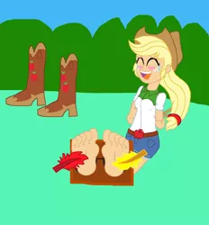 Size: 4196x4528 | Tagged: suggestive, derpibooru import, applejack, equestria girls, arm behind back, barefoot, bondage, boots, breasts, clothes, crying, cute, equestria girls interpretation, eyes closed, feather, feet, female, fetish, foot fetish, image, jackabetes, laughing, magic, midriff, open mouth, png, rope, rope bondage, scene interpretation, sexy, shoes, shoes removed, skirt, stocks, tears of laughter, teary eyes, telekinesis, tickle torture, tickling, tied up, toes
