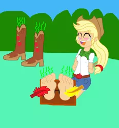Size: 4196x4528 | Tagged: suggestive, derpibooru import, applejack, trixie, equestria girls, arm behind back, barefoot, bondage, boots, breasts, clothes, crying, cute, equestria girls interpretation, eyes closed, feather, feet, female, fetish, foot fetish, image, jackabetes, laughing, magic, midriff, open mouth, png, rope, rope bondage, scene interpretation, sexy, shoes, shoes removed, skirt, smelly feet, stinky feet, stocks, tears of laughter, teary eyes, telekinesis, tickle torture, tickling, tied up, toes