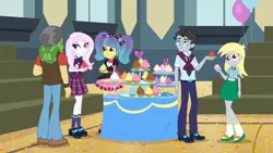 Size: 3410x1920 | Tagged: safe, derpibooru import, screencap, derpy hooves, fleur-de-lis, jet set, pixel pizazz, sandalwood, equestria girls, friendship games, balloon, boots, clothes, female, food, high res, image, jpeg, male, messy eating, muffin, shoes, that pony sure does love muffins