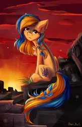 Size: 1824x2798 | Tagged: safe, artist:yuris, derpibooru import, oc, oc:ukraine, ponified, unofficial characters only, earth pony, pony, current events, image, nation ponies, png, ruins, sad, solo, sunset, ukraine