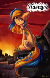 Size: 1824x2798 | Tagged: safe, alternate version, artist:yuris, derpibooru import, oc, oc:ukraine, ponified, unofficial characters only, earth pony, pony, current events, cyrillic, image, nation ponies, png, ruins, solo, sunset, ukraine, ukrainian