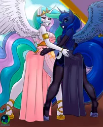 Size: 2033x2500 | Tagged: suggestive, artist:joruze, derpibooru import, princess celestia, princess luna, alicorn, anthro, unguligrade anthro, arm band, big tail, boobs and butt pose, bracelet, breasts, busty princess celestia, busty princess luna, butt, butt touch, clothes, commission, commissioner:branagain, crown, cutie mark, dress, duo, duo female, evening gloves, female, gloves, hand on butt, hooves, horn, horseshoes, image, jewelry, jpeg, large voluminous hair, loincloth, long gloves, looking at you, looking back, looking back at you, moonbutt, pinup, pose, praise the moon, praise the sun, regalia, royal sisters, siblings, sideboob, sisters, smiling, smiling at you, socks, spread legs, spread wings, spreading, stockings, stupid sexy celestia, stupid sexy princess luna, sunbutt, tail, thigh highs, wings