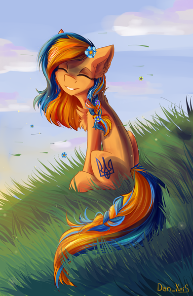 Size: 1824x2798 | Tagged: safe, alternate version, artist:yuris, derpibooru import, oc, oc:ukraine, ponified, unofficial characters only, earth pony, pony, braid, cute, field, flower, flower in hair, good end, image, nation ponies, png, smiling, solo, ukraine