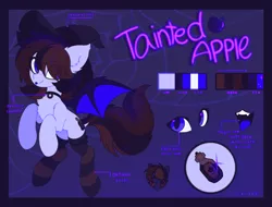 Size: 1398x1063 | Tagged: safe, artist:flixanoa, derpibooru import, oc, oc:tainted apple, bat pony, pony, :p, apple, bat wings, clothes, cute, ear fluff, eye clipping through hair, female, floppy ears, food, halloween, happy, hat, holiday, image, mare, png, reference sheet, socks, solo, sparkles, tongue out, wings, witch, witch hat