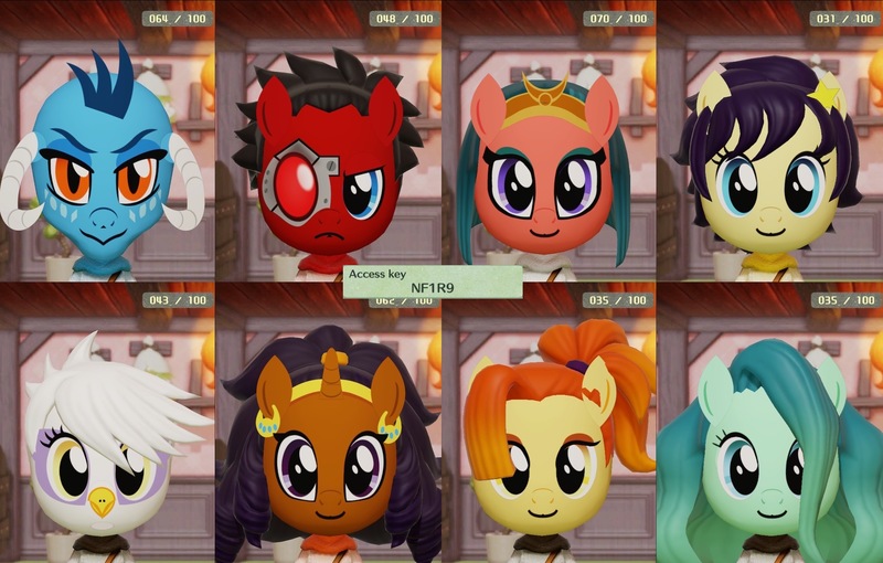 Size: 2260x1440 | Tagged: safe, gilda, lighthoof, princess ember, saffron masala, shimmy shake, somnambula, star dancer, oc, oc:red eye, earth pony, gryphon, unicorn, fallout equestria, face, female, image, jpeg, mii, miitopia, nintendo