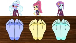 Size: 1280x733 | Tagged: safe, artist:billybonko, derpibooru import, sour sweet, sugarcoat, sunny flare, human, equestria girls, barefoot, feet, fetish, foot fetish, image, png, stocks, toes