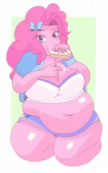 Size: 800x1280 | Tagged: suggestive, artist:lun4ch4n, derpibooru import, pinkie pie, equestria girls, bbw, belly, big belly, breasts, busty pinkie pie, donut, eating, fat, female, food, image, jpeg, kneeling, pudgy pie, solo