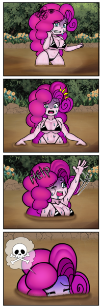 Size: 841x2529 | Tagged: semi-grimdark, suggestive, artist:stecaart, derpibooru import, pinkie pie, equestria girls, bikini, breasts, busty pinkie pie, clothes, crying, flower, grass, image, leaves, mud, png, quicksand, sinking, skull and crossbones, stuck, sweat, swimsuit, text, waving, worried