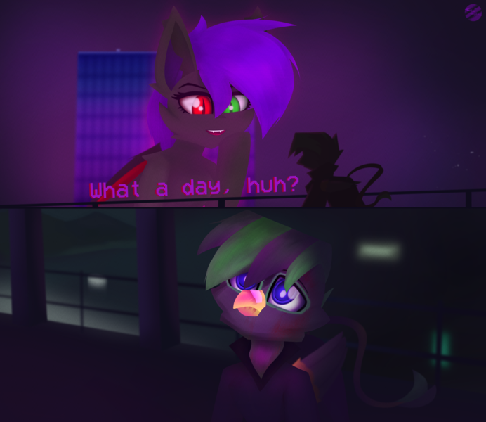 Size: 6000x5200 | Tagged: safe, artist:toxinagraphica, derpibooru import, oc, oc:heter dark, ponified, unofficial characters only, bat pony, gryphon, pony, :c, :d, absurd resolution, bandaid, blade runner, blade runner 2049, blood, bridge, building, cheek fluff, clothes, coat, ear fluff, eyelashes, fangs, female, fluffy, folded wings, frown, glow, image, injured, male, mare, meme, night, open mouth, open smile, patch, png, retro, sad, sky, smiling, text, vhs, water, wings