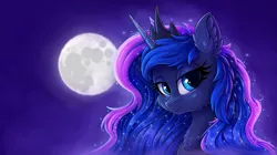 Size: 3637x2036 | Tagged: safe, artist:zeepheru_pone, derpibooru import, princess luna, alicorn, pony, bust, chest fluff, ear fluff, ethereal mane, female, high res, image, looking at you, mare, moon, peytral, png, portrait, smiling, smiling at you, solo, starry mane