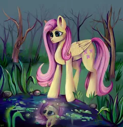 Size: 3200x3300 | Tagged: safe, artist:ske, derpibooru import, fluttershy, pegasus, pony, female, grass, image, mare, png, redraw, reflection, solo, tree, water