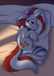 Size: 768x1068 | Tagged: safe, artist:feather_bloom, derpibooru import, oc, oc:starry bluemoon, unicorn, bed, commission, depression, hug, image, pillow, pillow hug, png, sad, shading