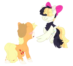 Size: 938x852 | Tagged: safe, artist:that-softscorpio, derpibooru import, applejack, songbird serenade, my little pony: the movie, applejack's cutie mark, applejack's hat, black shirt, bow, coat markings, cowboy hat, cute, female, flying, g4, hair bow, hat, image, jackabetes, lesbian, multicolored mane, multicolored tail, pink bow, png, shipping, sia (singer), simple background, songbetes, songjack, tail, transparent background, two toned mane, two toned tail