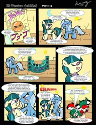 Size: 1024x1337 | Tagged: safe, artist:rammzblood, derpibooru import, juniper montage, trixie, wallflower blush, ponified, pony, comic, equestria girls ponified, image, jojo reference, jojo's bizarre adventure, jpeg, spanish