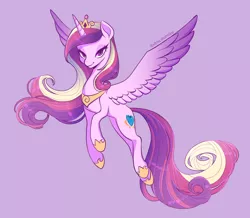 Size: 2475x2160 | Tagged: safe, artist:xfrncstomiku, derpibooru import, princess cadance, alicorn, pony, female, flying, high res, image, jpeg, looking at you, mare, purple background, simple background, solo, spread wings, wings