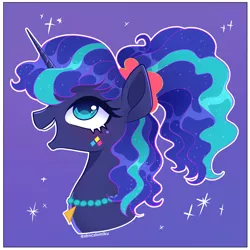 Size: 2000x2000 | Tagged: safe, artist:xfrncstomiku, derpibooru import, princess luna, between dark and dawn, 80s princess luna, alternate hairstyle, bust, colored pupils, cute, high res, image, jpeg, lunabetes, open mouth, ponytail, portrait, profile, purple background, simple background, solo