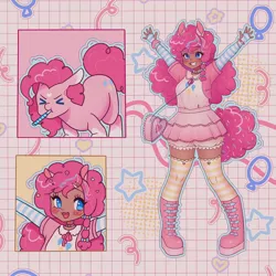 Size: 1440x1440 | Tagged: safe, artist:shineroii, derpibooru import, pinkie pie, earth pony, human, pony, bag, blouse, blue eyes, boots, bow, bracelet, cardigan, choker, clothes, cute, dark skin, ears, female, food, full body, hairclip, happy, heart, humanized, image, jewelry, jpeg, kneesocks, long sleeves, open mouth, party horn, pink background, pink hair, pink mane, shoes, simple background, skirt, smiling, socks, sprinkles, stars, tail