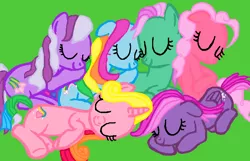 Size: 700x450 | Tagged: safe, artist:halonna, derpibooru import, minty, pinkie pie (g3), rainbow dash (g3), rarity (g3), starsong, wysteria, earth pony, pegasus, pony, unicorn, cute, female, g3, g3 dashabetes, g3 diapinkes, g3 raribetes, g3 to g4, g4, generation leap, green background, group, image, mare, mintabetes, png, simple background, sleeping, smiling, snuggling, starsawwwng, wysteriadorable