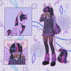 Size: 1440x1440 | Tagged: safe, artist:shineroii, derpibooru import, twilight sparkle, twilight sparkle (alicorn), alicorn, human, blouse, cardigan, clothes, crystal, cute, cutie mark, dark skin, detailed background, ears, female, full body, glasses, hairclip, humanized, image, jewelry, jpeg, leg warmers, looking at you, necklace, platform shoes, ponytail, shoes, skirt, socks, tail, thigh highs, wings