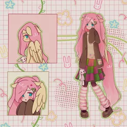 Size: 1440x1440 | Tagged: safe, artist:shineroii, derpibooru import, fluttershy, butterfly, human, insect, pegasus, blouse, cardigan, clothes, cute, cutie mark, detailed background, ears, frown, full body, hairclip, humanized, image, jpeg, leg warmers, long hair, long skirt, long tail, looking at something, mary janes, pink hair, plushie, shoes, shy, shyabetes, skirt, socks, striped socks, tail, turquoise eyes