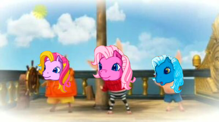 Size: 753x419 | Tagged: safe, derpibooru import, edit, pinkie pie (g3), starbeam, triple treat, earth pony, pig, pony, clothes, crossover, cute, female, g3, g3 adorabeam, g3 diapinkes, hoodie, ian (olivia), image, julian (olivia), male, mare, meme, olivia (character), olivia (series), pirate, png, ship, sweater, triplebetes