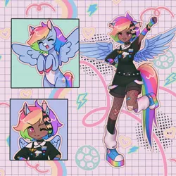 Size: 1440x1440 | Tagged: safe, artist:shineroii, derpibooru import, rainbow dash, human, pegasus, arm warmers, bandaid, blouse, bracelet, breasts, chains, choker, clothes, converse, cute, cutie mark, dark skin, delicious flat chest, detailed background, female, full body, happy, humanized, image, jewelry, jpeg, leg warmers, looking up, one eye closed, painted nails, piercing, pink eyes, platform shoes, rainbow flat, shoes, smiling, smirk, sneakers, spread wings, wings, wink, wonderbolt badge