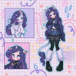 Size: 1440x1440 | Tagged: safe, artist:shineroii, derpibooru import, rarity, human, unicorn, bandaid, belt, cardigan, chains, choker, clothes, crystal, cutie mark, detailed background, diamond, ears, female, hairclip, heart, horn, horned humanization, humanized, image, jewelry, jpeg, leg warmers, looking up, makeup, necklace, piercing, platform shoes, pleated skirt, purple hair, skirt, socks, stars, stockings, tail, thigh highs