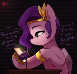 Size: 3085x2960 | Tagged: safe, artist:maren, derpibooru import, pipp petals, pegasus, pony, asmr, g5, image, microphone, phone, png, princess for a day, radiostudio, solo, unshorn fetlocks