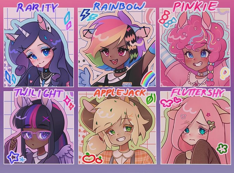 Size: 750x556 | Tagged: safe, artist:shineroii, derpibooru import, applejack, fluttershy, pinkie pie, rainbow dash, rarity, twilight sparkle, twilight sparkle (alicorn), alicorn, human, applebetes, bandaid, blushing, bow, choker, crystal, cute, dark skin, ears, female, frown, g4, glasses, group, hairpin, happy, horn, horned humanization, humanized, image, jpeg, leaves, looking up, mane six, open mouth, piercing, raribetes, shy, shyabetes, smiling, smirk, twiabetes, winged humanization, wings