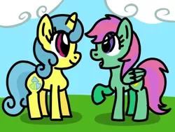 Size: 1024x768 | Tagged: safe, artist:danielthebrony57, derpibooru import, banana bliss, lemon hearts, pegasus, pony, unicorn, bananadorable, cloud, cloudy, cute, duo, eye clipping through hair, eye contact, female, field, folded wings, g4, grass, grass field, image, lemonbetes, looking at each other, looking at someone, mare, outdoors, png, raised hoof, raised leg, shadow, smiling, talking, wings