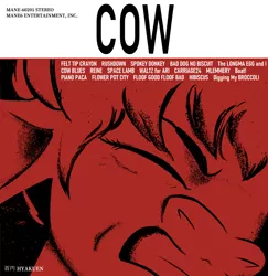 Size: 878x904 | Tagged: safe, artist:hyakuen, derpibooru import, cow, them's fightin' herds, album cover, arizona (tfh), community related, cowboy bebop, cringing, female, gritted teeth, image, monochrome, parody, png, text, wince