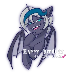Size: 1243x1282 | Tagged: safe, artist:wicked-red-art, derpibooru import, oc, oc:elizabat stormfeather, unofficial characters only, alicorn, bat pony, bat pony alicorn, pony, alicorn oc, bat pony oc, bat wings, bedroom eyes, birthday, birthday gift, fangs, female, heart, horn, image, mare, misspelling, open mouth, png, raised hoof, simple background, solo, transparent background, wings