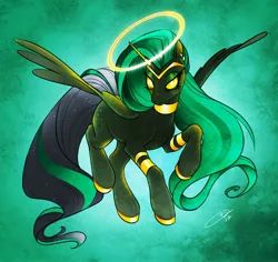 Size: 3712x3508 | Tagged: safe, artist:opalacorn, derpibooru import, oc, oc:obsidian (m00n13aby), unofficial characters only, alicorn, pony, abstract background, alicorn oc, ear piercing, eyelashes, female, glow, glowing eyes, halo, hooves, horn, image, jpeg, long hair, mane, mare, piercing, signature, solo, solo female, spread wings, tail, wings, yellow sclera