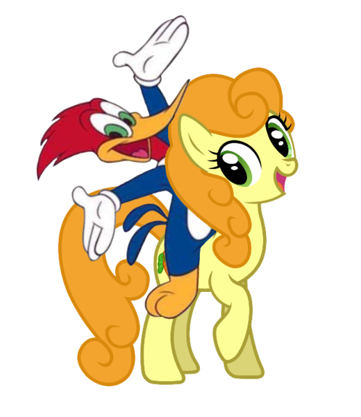 Size: 627x723 | Tagged: safe, derpibooru import, edit, carrot top, golden harvest, bird, earth pony, pony, background pony, clothes, crossover, cute, cutie top, female, gloves, hands in the air, image, male, mare, open mouth, open smile, png, raised hoof, raised leg, riding, smiling, the new woody woodpecker show, woodpecker, woodpeckers riding ponies, woody woodpecker, woodybetes