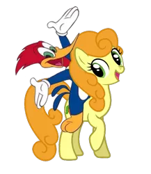 Size: 627x723 | Tagged: safe, derpibooru import, edit, carrot top, golden harvest, bird, earth pony, pony, background pony, clothes, crossover, cute, cutie top, female, gloves, hands in the air, image, male, mare, open mouth, open smile, png, raised hoof, raised leg, riding, smiling, the new woody woodpecker show, woodpecker, woodpeckers riding ponies, woody woodpecker, woodybetes