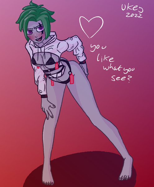 Size: 610x738 | Tagged: suggestive, artist:ukedideka, derpibooru import, oc, oc:quizzical aphre, unofficial characters only, human, barefoot, bra, clothes, feet, female, humanized, humanized oc, image, looking at you, png, revealing clothing, sharp teeth, signature, simple background, smiling, smiling at you, solo, solo female, speech, talking, teeth, text, underwear