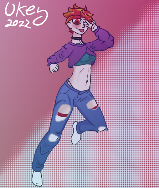 Size: 684x808 | Tagged: safe, artist:ukedideka, derpibooru import, oc, oc:lumen afterglow, human, belly button, clothes, female, humanized, humanized oc, image, one eye closed, peace sign, png, signature, simple background, socks, solo, solo female, tongue out, wink