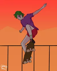 Size: 1280x1600 | Tagged: safe, artist:ukedideka, derpibooru import, oc, oc:quizzical aphre, unofficial characters only, human, clothes, female, humanized, image, jpeg, jumping, looking at you, one eye closed, shoes, shorts, signature, skateboard, skateboarding, smiling, socks, solo, solo female, wink