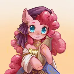 Size: 2048x2048 | Tagged: safe, artist:qamar, derpibooru import, pinkie pie, earth pony, semi-anthro, friendship is witchcraft, bare shoulders, clothes, colored pupils, cute, detached sleeves, diapinkes, dress, ear fluff, ear piercing, earring, female, gypsy bard, gypsy pie, headscarf, image, jewelry, jpeg, piercing, pottery, romani, scarf, smiling, solo