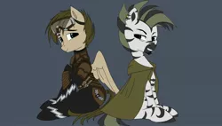 Size: 1908x1080 | Tagged: safe, artist:selvingo, derpibooru import, oc, oc:selvingo spells, oc:veldis, unofficial characters only, pegasus, pony, zebra, armor, blue eyes, cloak, clothes, colored, full body, glasses, green eyes, headcanon, image, jpeg, leather armor, pegasus oc, silverbolt, simple background, uniform, wings, zebra oc