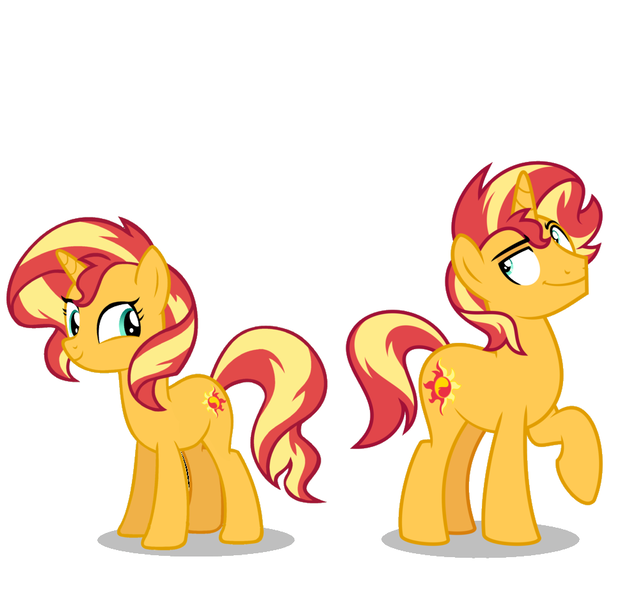 Size: 972x938 | Tagged: safe, artist:orin331, derpibooru import, edit, vector edit, sunset shimmer, pony, unicorn, female, image, male, png, r63 paradox, r63 shipping, rule 63, shipping, smiling, straight, sunset glare, tomboy, vector